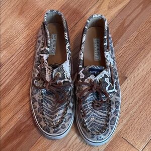 Sperry Leopard Print Boat Shoes with Brown Laces